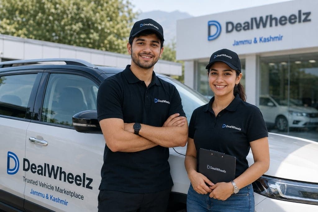 DealWheelz team at the showroom with DealWheelz branded vehicle
