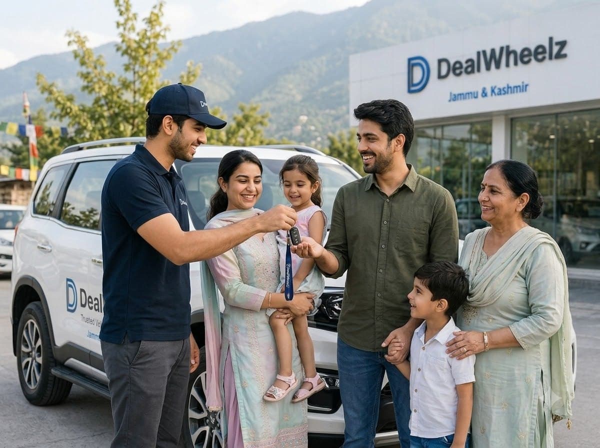 Happy family completing verified vehicle handover on DealWheelz in Jammu and Kashmir